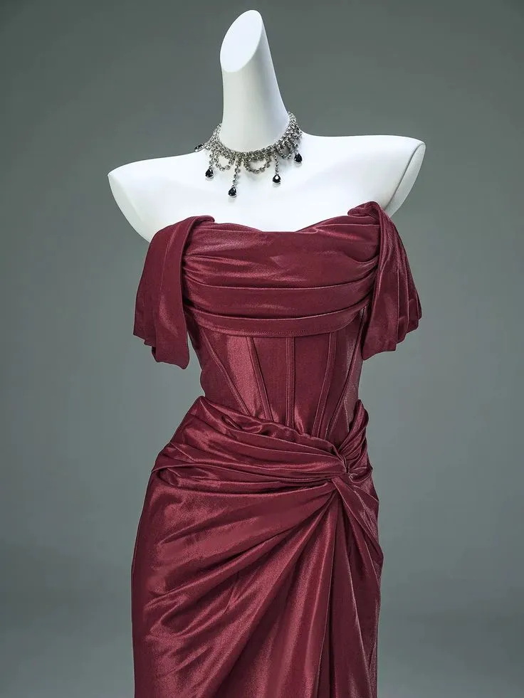 Burgundy Off Shoulder Mermaid Satin Long Formal Evening Party Dresses, D847
