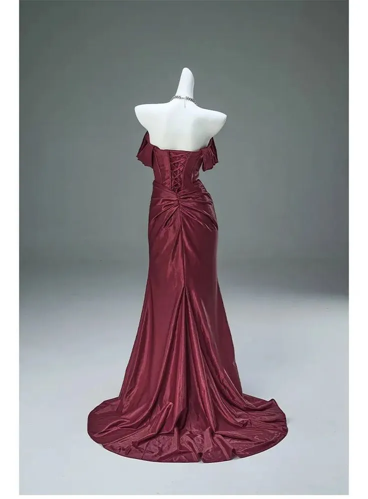 Burgundy Off Shoulder Mermaid Satin Long Formal Evening Party Dresses, D847