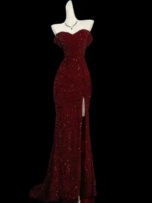 Burgundy Off Shoulder Mermaid Sequins Long Evening Party Dresses, D1180