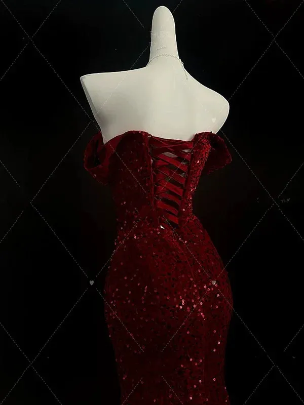Burgundy Off Shoulder Mermaid Sequins Long Evening Party Dresses, D1180