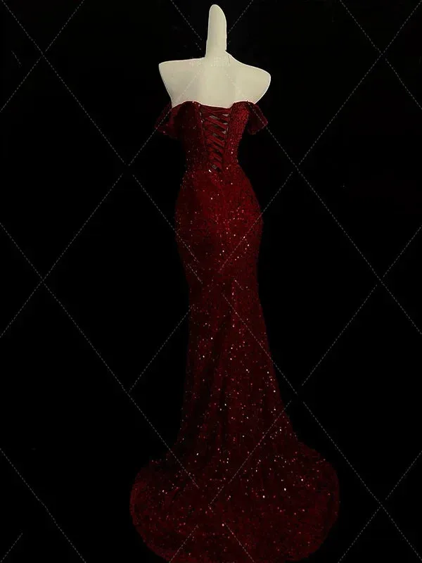Burgundy Off Shoulder Mermaid Sequins Long Evening Party Dresses, D1180