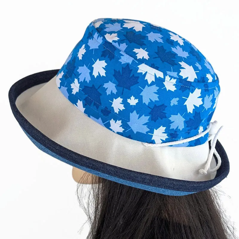 Canada Sunblocker UV summer sun hat with wide brim, Canada blue and white maple leaves, adjustable fit