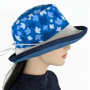 Canada Sunblocker UV summer sun hat with wide brim, Canada blue and white maple leaves, adjustable fit