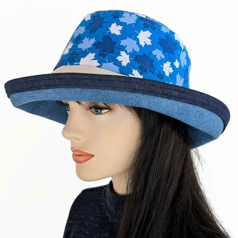 Canada Sunblocker UV summer sun hat with wide brim, Canada blue and white maple leaves, adjustable fit
