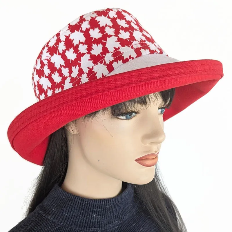 Canada Sunblocker UV summer sun hat with wide brim, Canada red and white maple leaves, adjustable fit