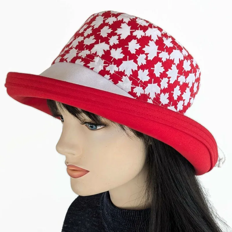 Canada Sunblocker UV summer sun hat with wide brim, Canada red and white maple leaves, adjustable fit