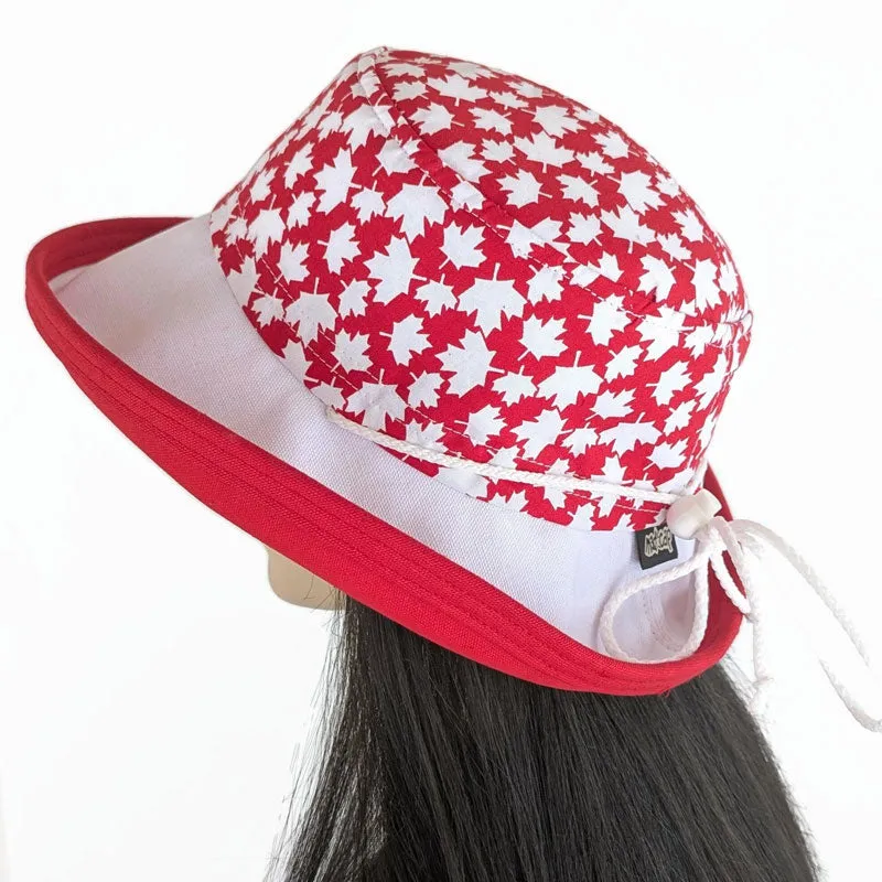 Canada Sunblocker UV summer sun hat with wide brim, Canada red and white maple leaves, adjustable fit