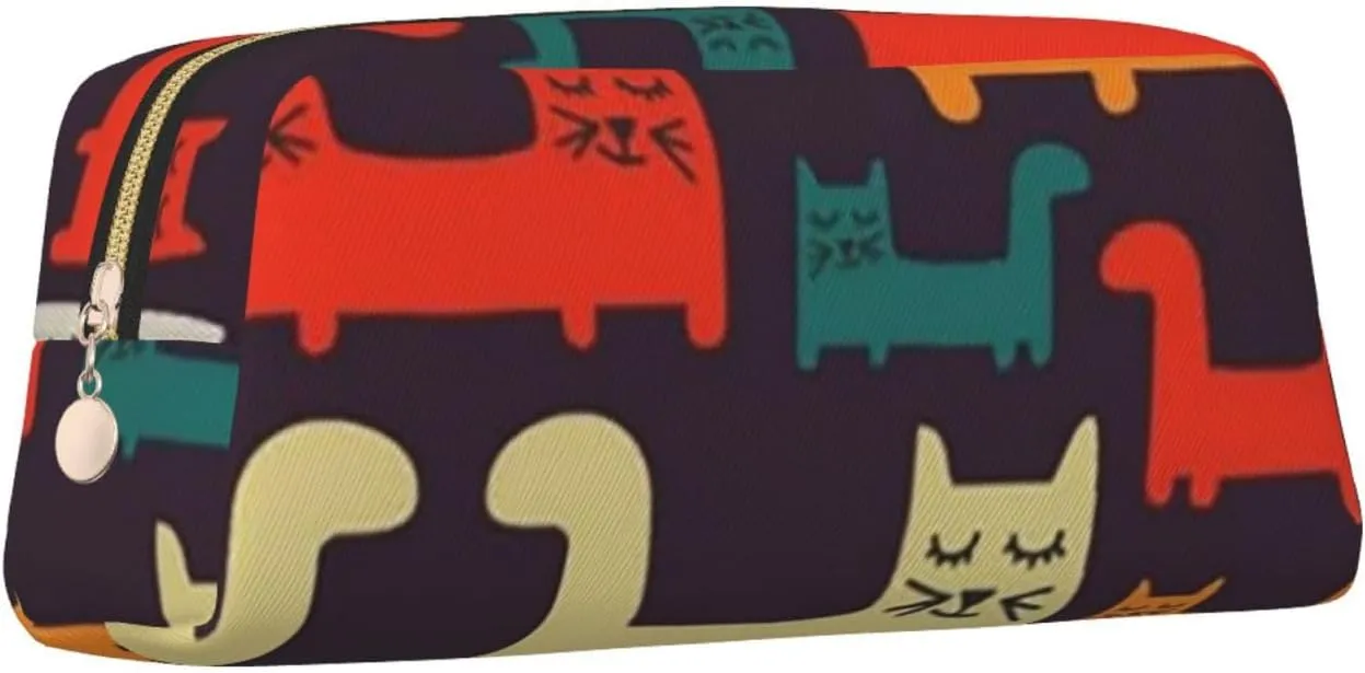 Cat illustration Makeup Bag for Women Men Pencil Pouch Travel Small Cosmetic Bag Zippered Toiletry Bags Aesthetic Pen Bags Trendy Storage Bags Leather Coin Pouch Purse