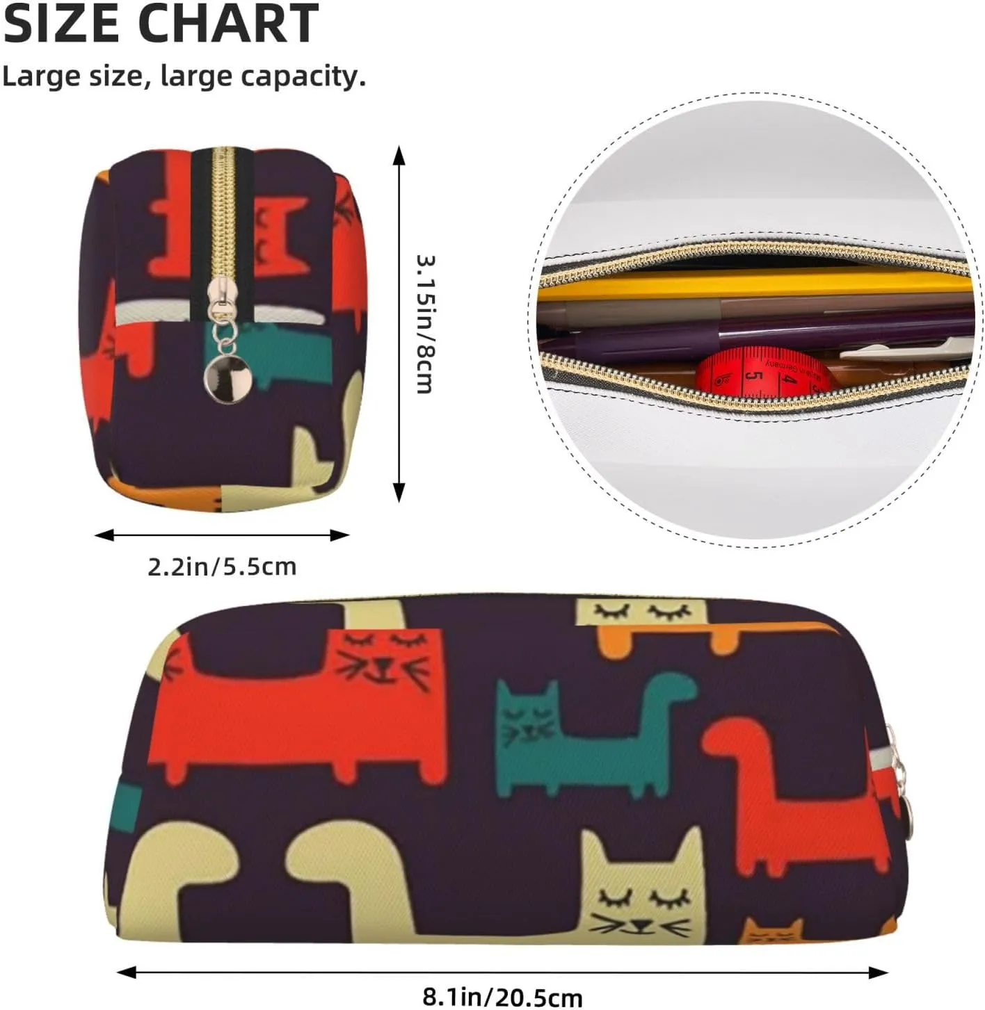 Cat illustration Makeup Bag for Women Men Pencil Pouch Travel Small Cosmetic Bag Zippered Toiletry Bags Aesthetic Pen Bags Trendy Storage Bags Leather Coin Pouch Purse