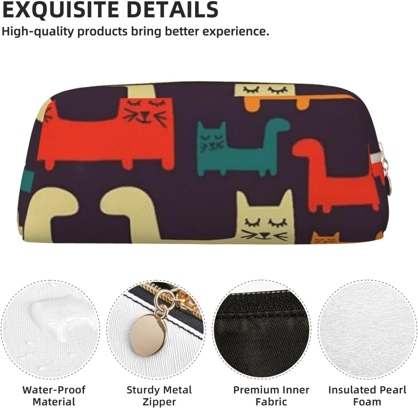 Cat illustration Makeup Bag for Women Men Pencil Pouch Travel Small Cosmetic Bag Zippered Toiletry Bags Aesthetic Pen Bags Trendy Storage Bags Leather Coin Pouch Purse