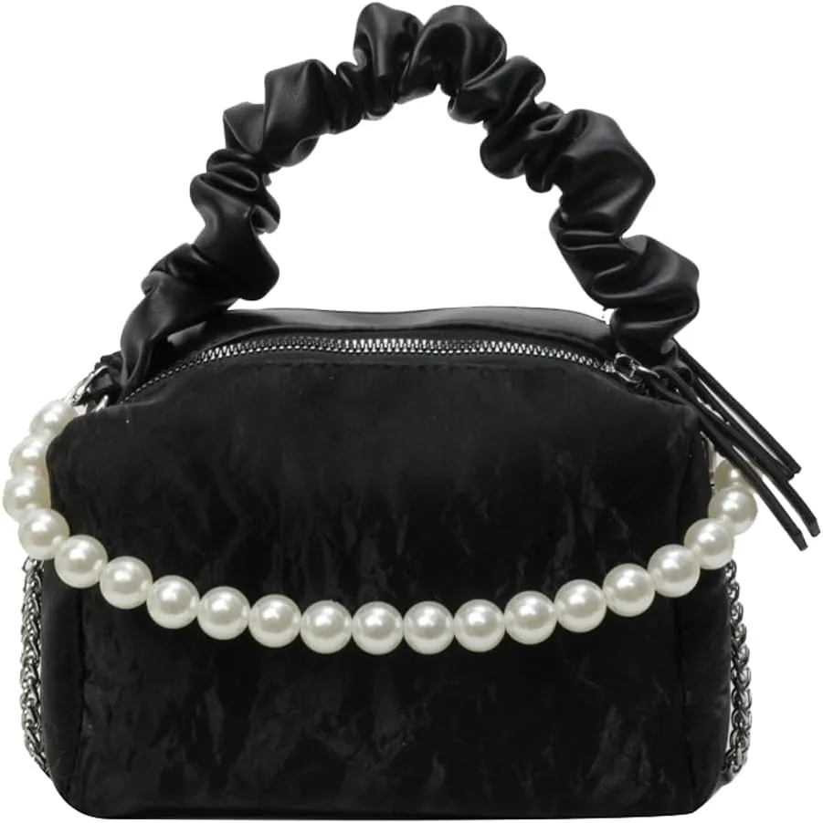 Chic Trendy Bag for Women Soft PU Crossbody Shoulder Hobo Bag Pearl Beaded Underarm Purse Handbag with Chain