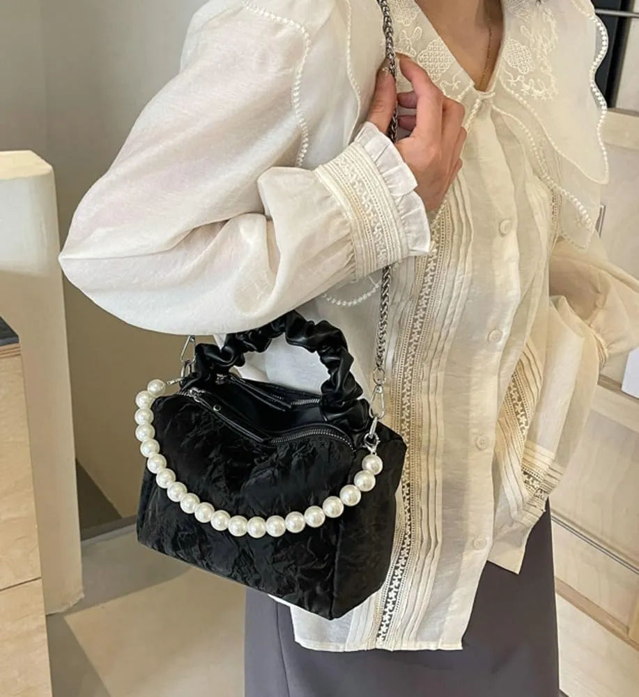Chic Trendy Bag for Women Soft PU Crossbody Shoulder Hobo Bag Pearl Beaded Underarm Purse Handbag with Chain