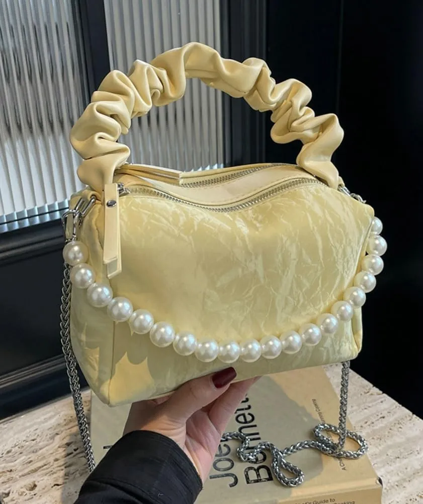Chic Trendy Bag for Women Soft PU Crossbody Shoulder Hobo Bag Pearl Beaded Underarm Purse Handbag with Chain