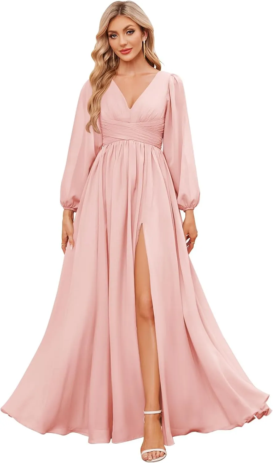 Chiffon Long Sleeve Bridesmaid Dress with Slit V-Neck A-line Formal Dresses for Women