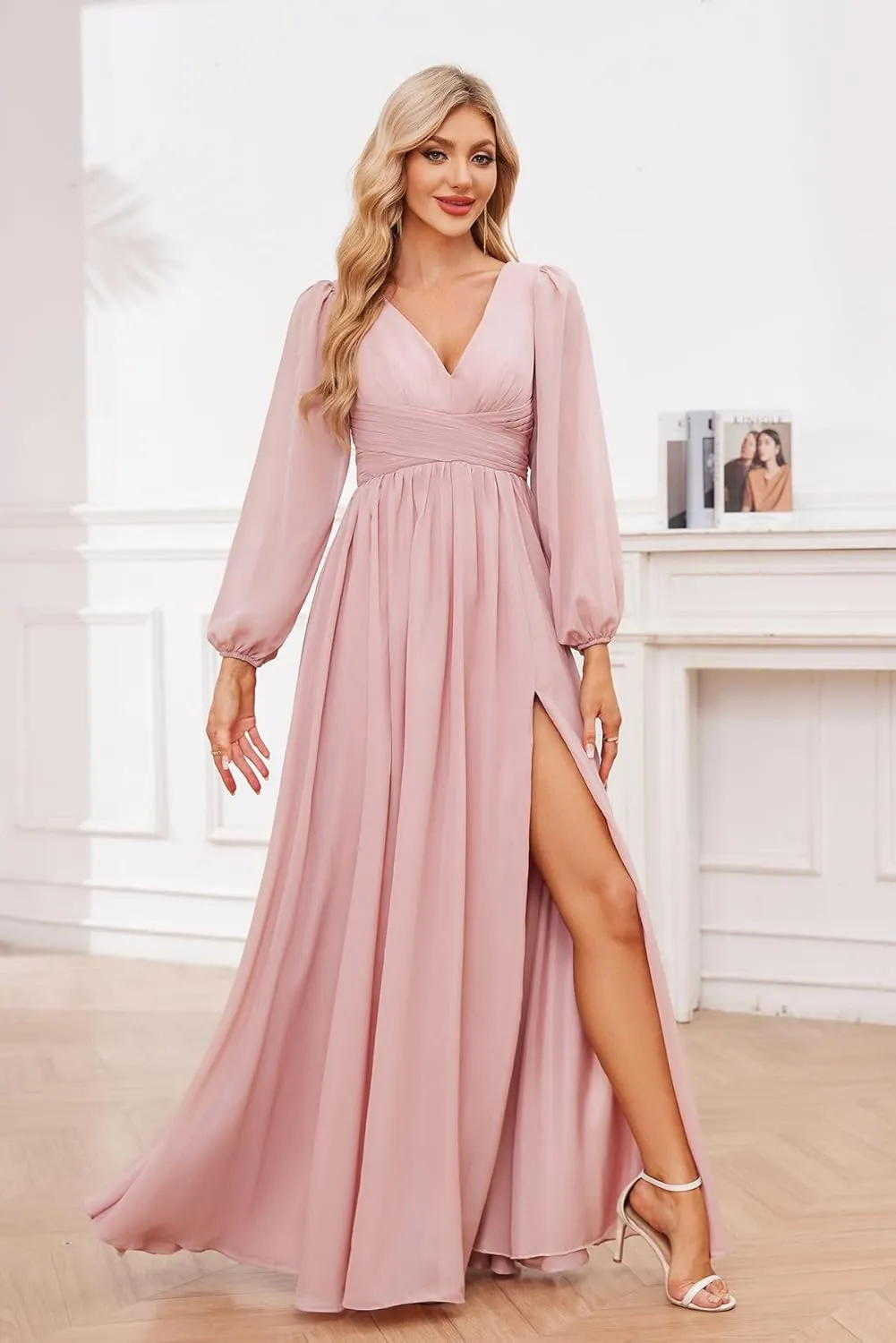 Chiffon Long Sleeve Bridesmaid Dress with Slit V-Neck A-line Formal Dresses for Women