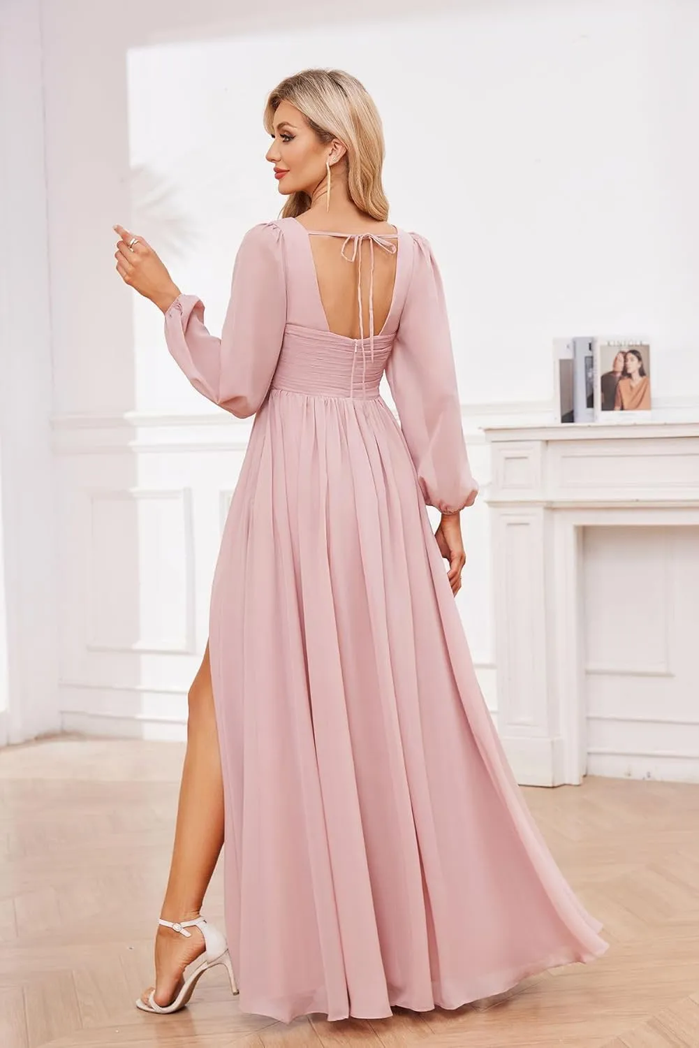 Chiffon Long Sleeve Bridesmaid Dress with Slit V-Neck A-line Formal Dresses for Women