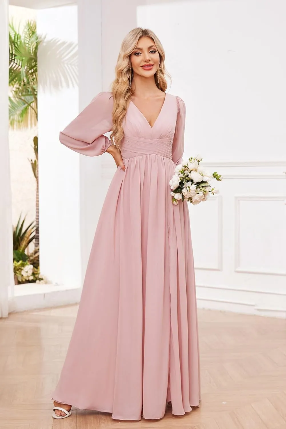 Chiffon Long Sleeve Bridesmaid Dress with Slit V-Neck A-line Formal Dresses for Women