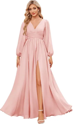 Chiffon Long Sleeve Bridesmaid Dress with Slit V-Neck A-line Formal Dresses for Women