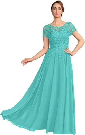 Chiffon Mother of The Bride Dresses Long for Women Short Sleeve Lace Appliques Formal Dresses with Pocket HO056