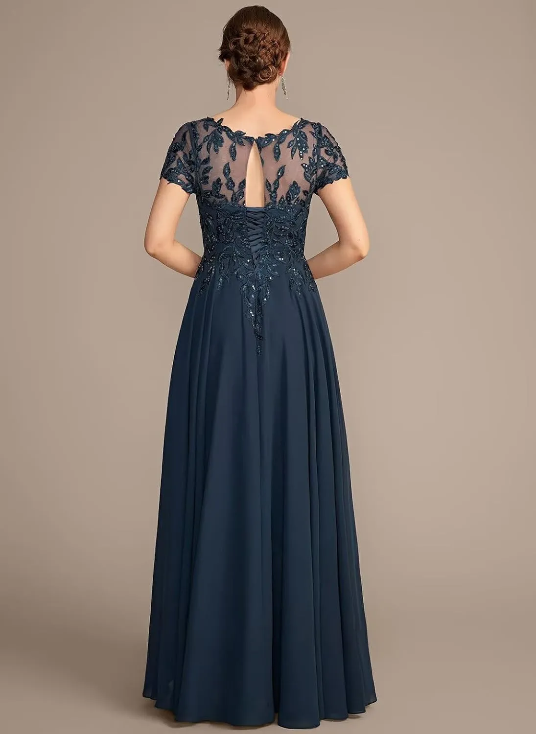 Chiffon Mother of The Bride Dresses Long for Women Short Sleeve Lace Appliques Formal Dresses with Pocket HO056