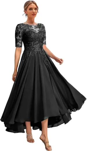 Chiffon Mother of The Bride Dresses with Sleeves Lace Formal Dress for Women High Low Evening Gown