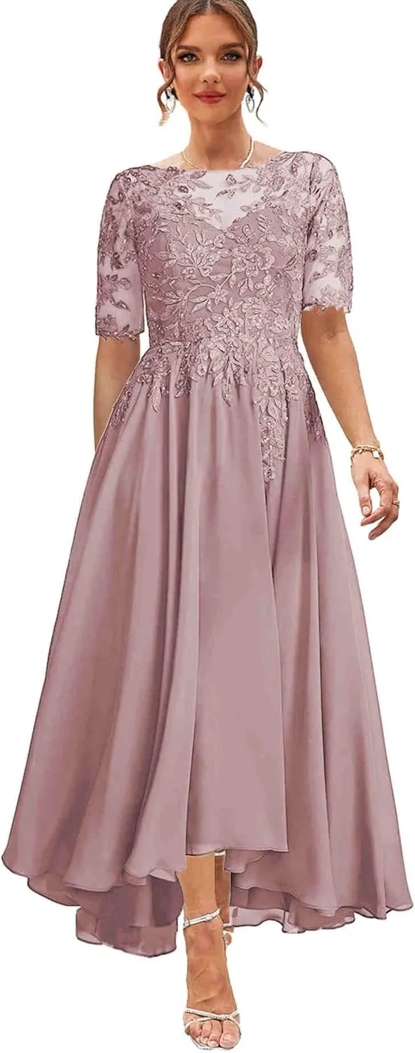 Chiffon Mother of The Bride Dresses with Sleeves Lace Formal Dress for Women High Low Evening Gown