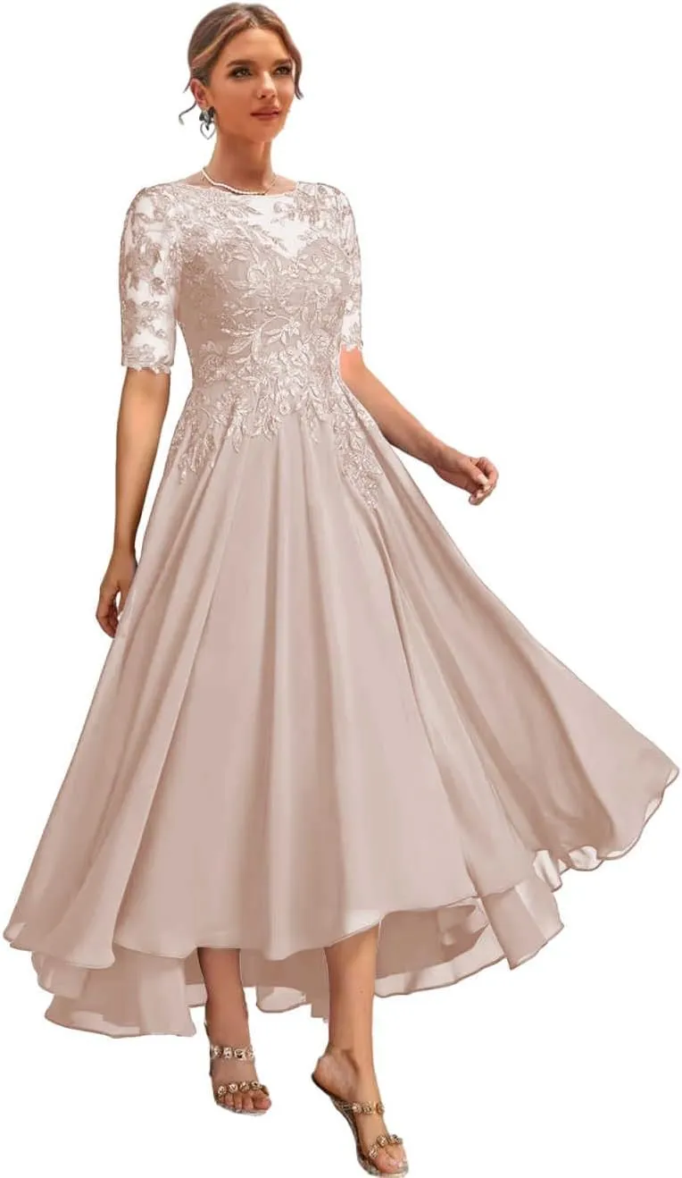 Chiffon Mother of The Bride Dresses with Sleeves Lace Formal Dress for Women High Low Evening Gown