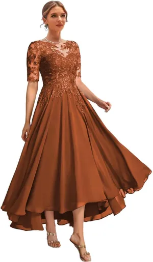 Chiffon Mother of The Bride Dresses with Sleeves Lace Formal Dress for Women High Low Evening Gown