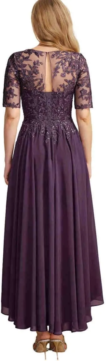 Chiffon Mother of The Bride Dresses with Sleeves Lace Formal Dress for Women High Low Evening Gown