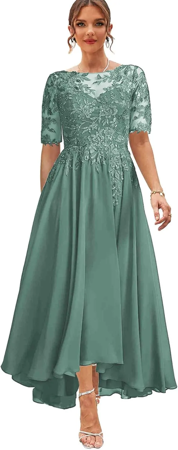 Chiffon Mother of The Bride Dresses with Sleeves Lace Formal Dress for Women High Low Evening Gown
