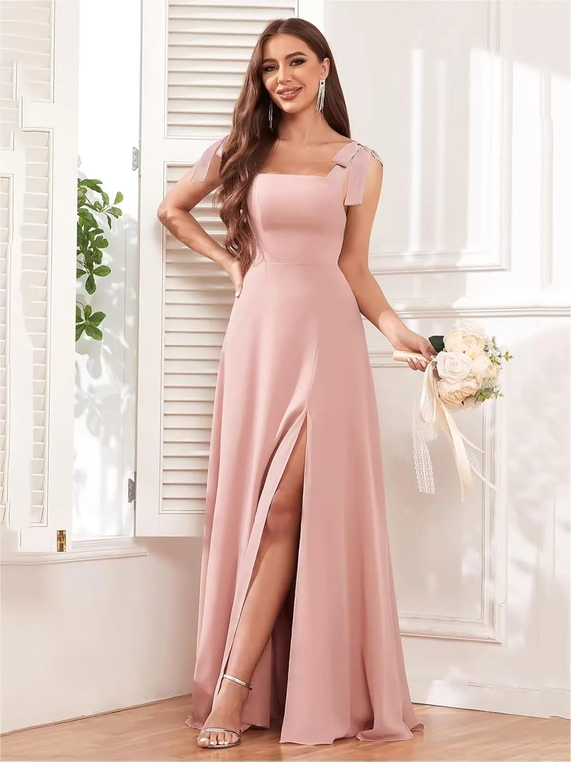 Chiffon Square Neck Bridesmaid Dresses Long for Women Tie Strap A Line Formal Evening Dress with Slit