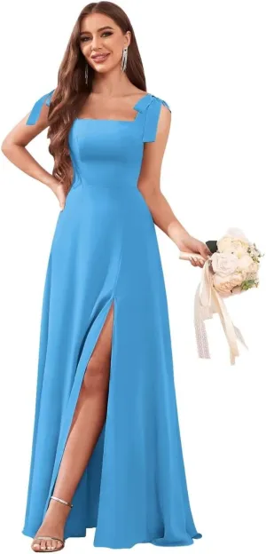 Chiffon Square Neck Bridesmaid Dresses Long for Women Tie Strap A Line Formal Evening Dress with Slit