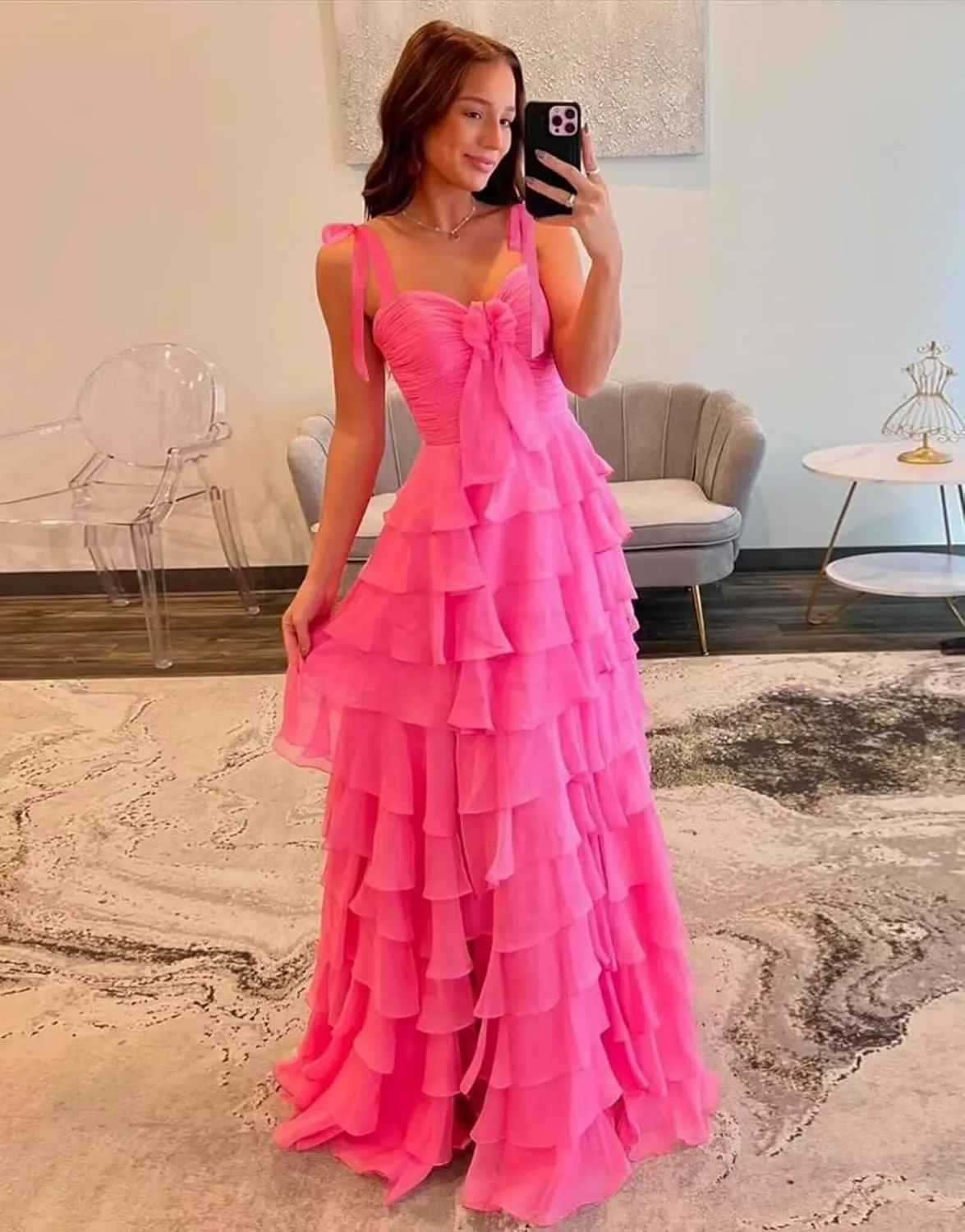 Chiffon Tiered Prom Dresses for Women 2025 with Bow Spaghetti Straps Long Ruffles Slit Formal Evening Dress