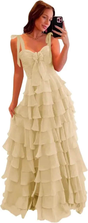 Chiffon Tiered Prom Dresses for Women 2025 with Bow Spaghetti Straps Long Ruffles Slit Formal Evening Dress