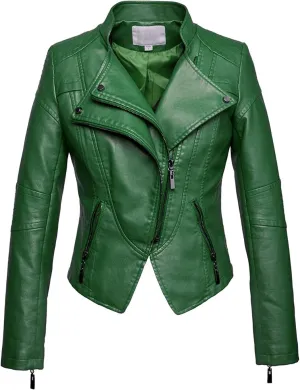 chouyatou Women's Fashion Tailored Zip-Up Faux Leather Quilted Racer Jacket