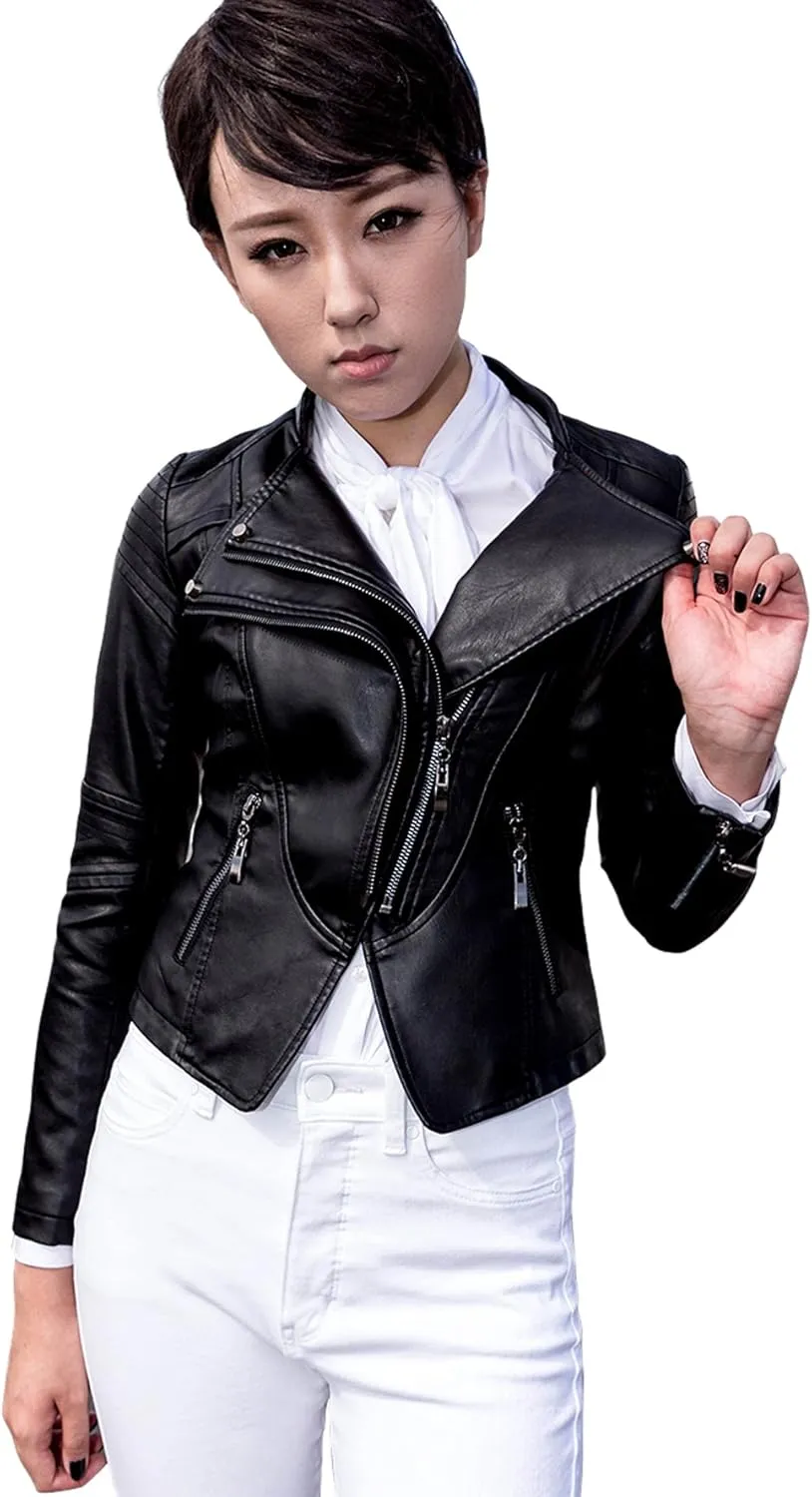 chouyatou Women's Fashion Tailored Zip-Up Faux Leather Quilted Racer Jacket
