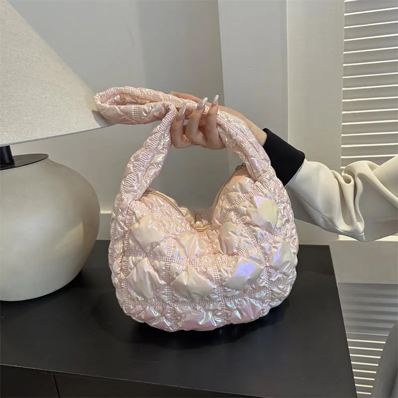 Cute Puffer Tote Bag for Women, Chic Shoulder Handbags Women's Quilted Bag Puffer Tote Fluffy Sling Hobo Purse
