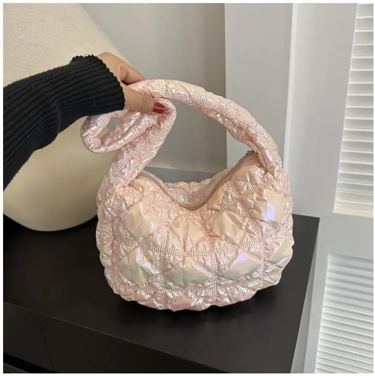 Cute Puffer Tote Bag for Women, Chic Shoulder Handbags Women's Quilted Bag Puffer Tote Fluffy Sling Hobo Purse
