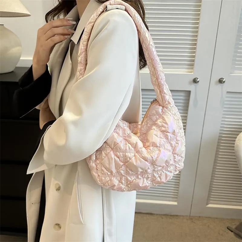 Cute Puffer Tote Bag for Women, Chic Shoulder Handbags Women's Quilted Bag Puffer Tote Fluffy Sling Hobo Purse
