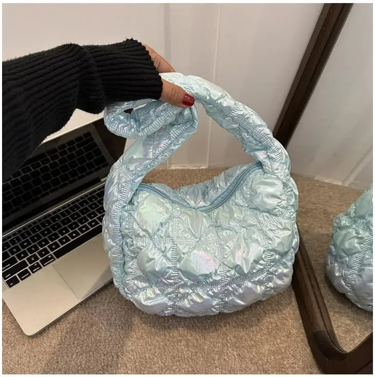 Cute Puffer Tote Bag for Women, Chic Shoulder Handbags Women's Quilted Bag Puffer Tote Fluffy Sling Hobo Purse