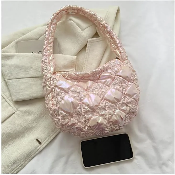 Cute Puffer Tote Bag for Women, Chic Shoulder Handbags Women's Quilted Bag Puffer Tote Fluffy Sling Hobo Purse
