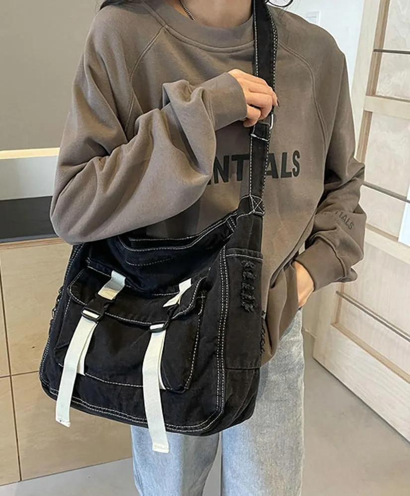 Denim Canvas Crossbody Bag for Women Men Chic Hobo Shoulder Bag Slouchy Messenger Bags Tote Handbag Purse