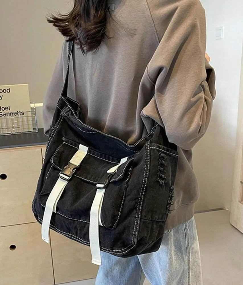 Denim Canvas Crossbody Bag for Women Men Chic Hobo Shoulder Bag Slouchy Messenger Bags Tote Handbag Purse