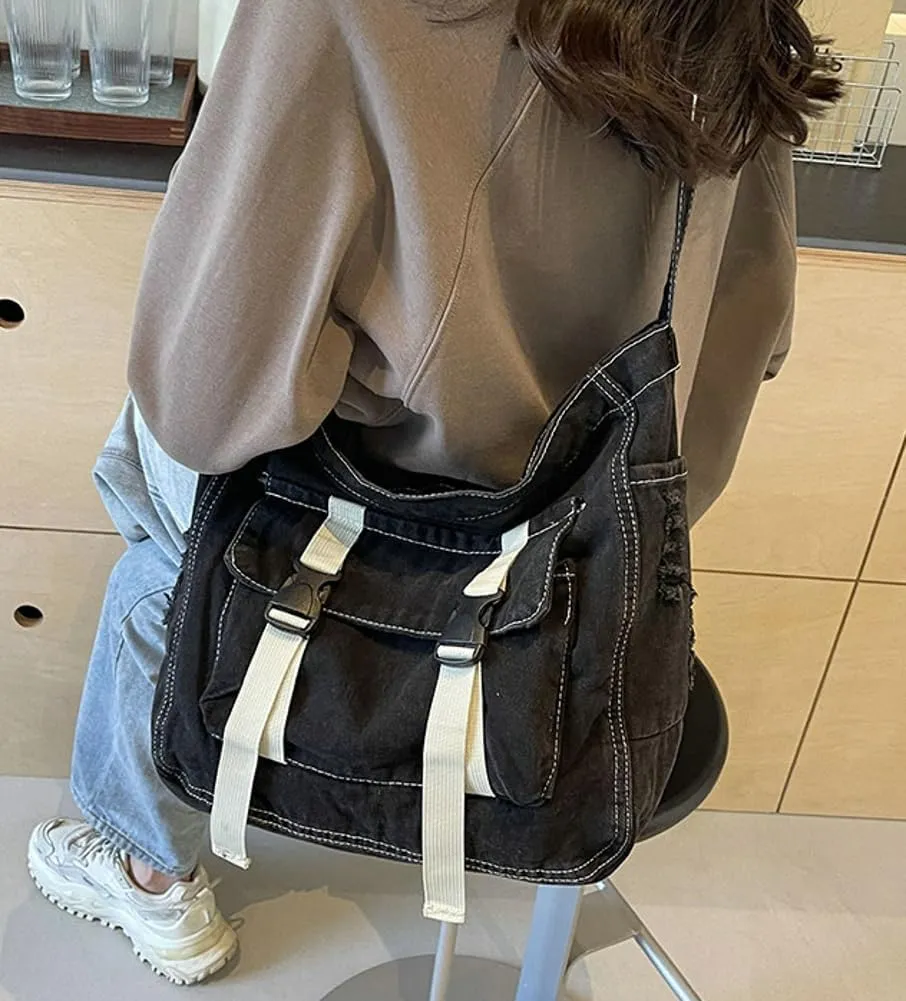 Denim Canvas Crossbody Bag for Women Men Chic Hobo Shoulder Bag Slouchy Messenger Bags Tote Handbag Purse