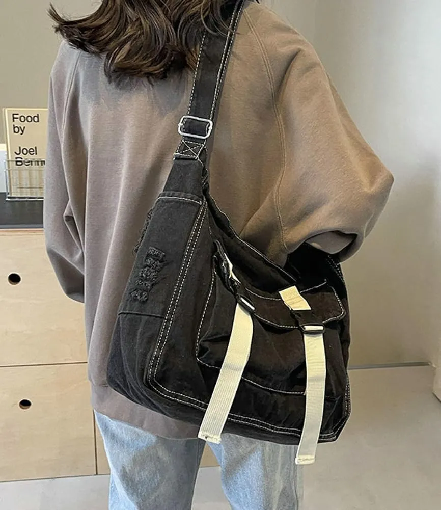 Denim Canvas Crossbody Bag for Women Men Chic Hobo Shoulder Bag Slouchy Messenger Bags Tote Handbag Purse