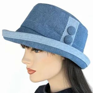 Denim Fun Hat UV summer sun hat with flattering wide brim, in two tones of washed denim