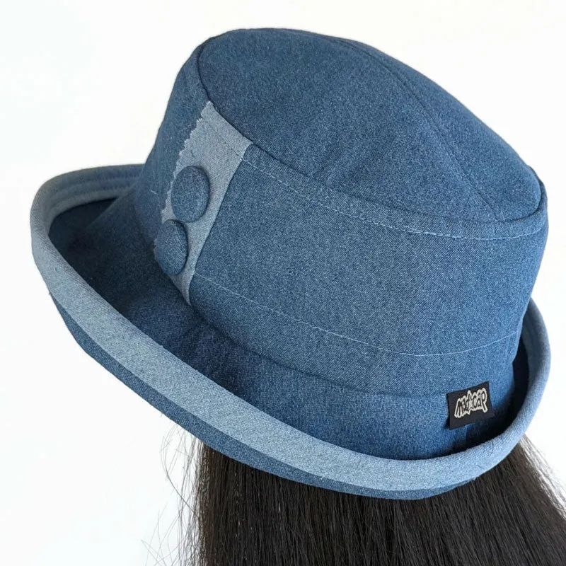 Denim Fun Hat UV summer sun hat with flattering wide brim, in two tones of washed denim