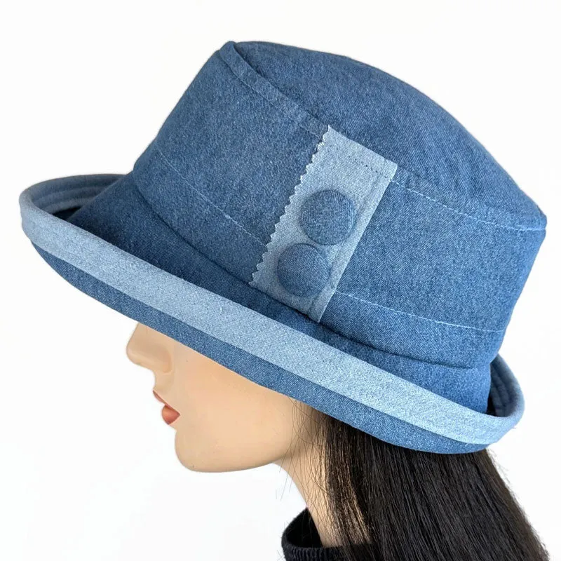 Denim Fun Hat UV summer sun hat with flattering wide brim, in two tones of washed denim