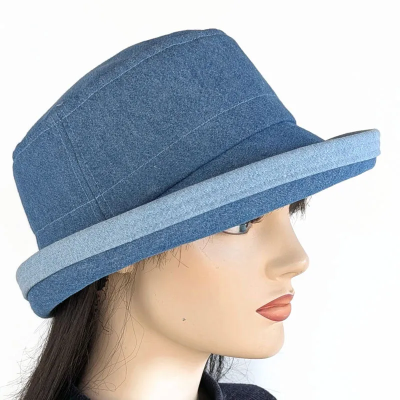 Denim Fun Hat UV summer sun hat with flattering wide brim, in two tones of washed denim