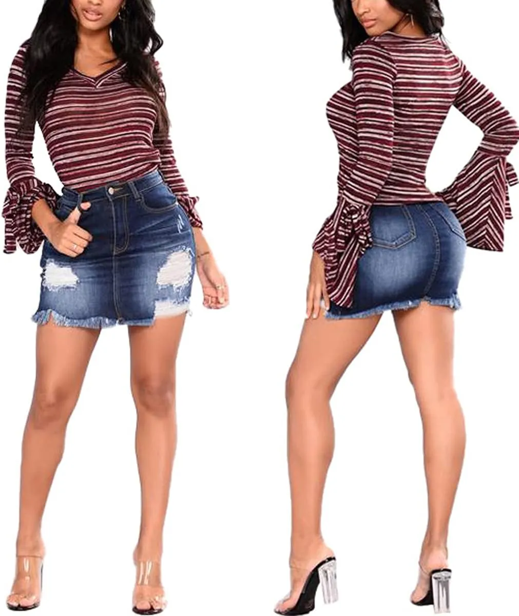 Denim Mini Skirts for Women Sexy High Waist Stretchy Distressed Bodycon Jean Short Skirt